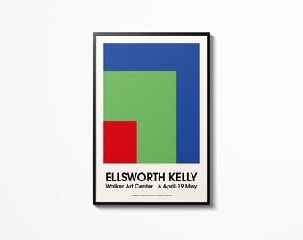 May include: A minimalist poster with a geometric design featuring a red, green, and blue color scheme. The poster has the text "ELLSWORTH KELLY" and "Walker Art Center 6 April-19 May".