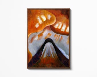 May include: Abstract art print in a wooden frame. The artwork features a mountain landscape with orange, white, and black brushstrokes. The painting has a warm color palette with a focus on texture and form.