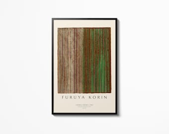 May include: A framed print of an abstract art piece with brown and green vertical lines. The print is titled "Shima, Shima, 1961" and is by the artist "Furuya Korin".