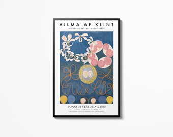 May include: A poster advertising an art exhibition of Hilma af Klint, the first abstract artist, at the Moderna Museet in Stockholm, Sweden. The poster features a blue background with abstract shapes in pink, white, and yellow.