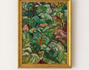 May include: A framed oil painting depicting a lush garden scene with vibrant green leaves and prominent red veins. The artwork is encased in a thin, metallic gold frame with a textured finish, highlighting the rich, expressive brushstrokes throughout.