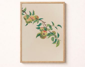 May include: A framed wall art print featuring a watercolor illustration of a brown tree branch with green and red apples and green leaves against a solid light beige background. The frame is made of light-colored wood with a thin, simple profile.