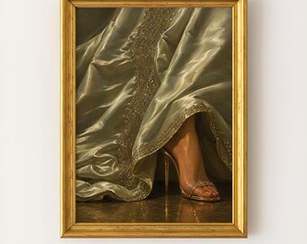 May include: A framed painting depicting a foot wearing a metallic gold stiletto sandal with a thin strap, positioned beneath the folds of a shimmering, pale green satin gown featuring intricate gold embroidery along the fabric edge.