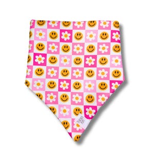 Retro Bloom Dog Bandana | Smiley Face Checkered Dog Bandana | Over the Collar, Tie On | Small, Medium, Large Dog Bandana | Cute Dog Bandana