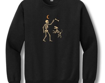 Skeleton Playing Fetch Halloween Sweatshirt | Vintage Skeleton & Dog | Unisex Cozy Fleece Crewneck | Dog Lover Gift