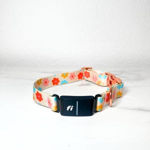 May include: A white dog collar with a floral pattern in shades of pink, blue and orange. The collar has a black buckle with the text "fi" in white.