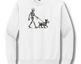 Skeleton Walking Dog Halloween Sweatshirt | Dog Lover Crewneck | Vintage Skeleton Art | Unisex Cozy Fleece | Pet Parent Gift
