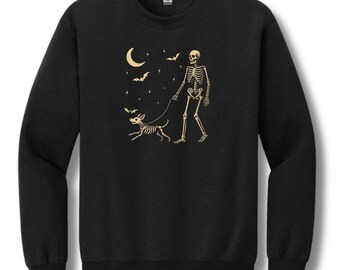 Skeleton Walking Dog Halloween Sweatshirt | Dog Lover Crewneck | Vintage Skeleton Art | Unisex Cozy Fleece | Pet Parent Gift