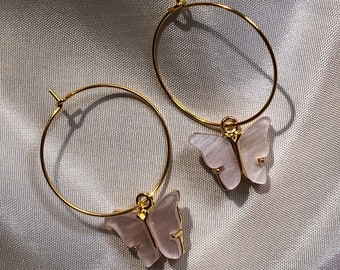Gold Butterfly Hoop Earrings White/Pastel Pink