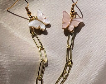 Gold Butterfly Chain Dangle Earrings White/Pale Pink