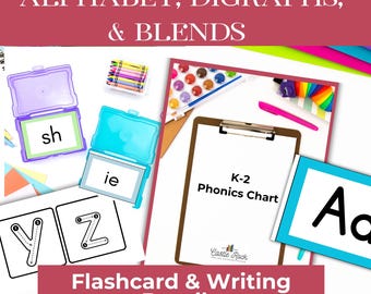 ABC and Digraph Flashcard Bundle, Alphabet Tracing Cards, Kindergarten - Second Grade Phonics Checklist, Writing Practice