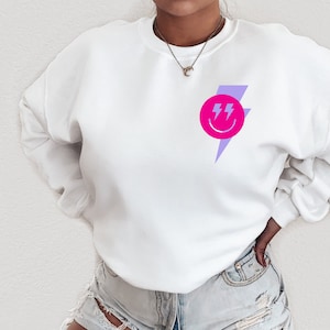 Smile Face Lightning Bolt Sweatshirt Trendy Crewneck Y2K Sweatshirt Preppy Sweatshirt Preppy Clothes Oversized Sweatshirt Lightening Bolt
