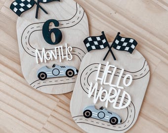 Race Car Milestone Sign for Baby | Baby Girl Gift | Monthly Baby Picture | Boy Signs | Hospital Baby Sign | Car Nursery sign