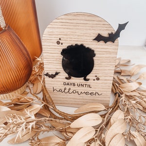 May include: Wooden Halloween countdown block with a black cauldron, bats, and the text "DAYS UNTIL halloween." The block is arched at the top and sits on a bed of gold-colored leaves and vines. Two orange glass vases are in the background.