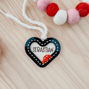 Valentine&#39;s Basket Tag | Personalized Name Tag | Gifts for Kids | Acrylic Heart Tag | Road Heart keychain | Custom Basket Tag | Boys basket
