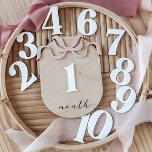 Letrero con el hito del bebé / Regalo para niña / Letrero con foto mensual del bebé / Placa para bebé Coquette / Letrero de madera con lazo de cinta / Letrero con foto del hospital