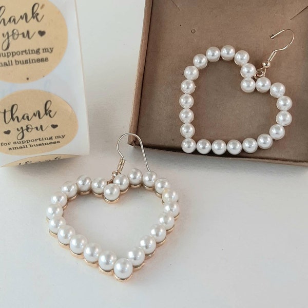 Heart earrings for women, Heart dangle drop hook earrings, Faux pearl heart earrings, Dangling heart earrings, Gift for mothers