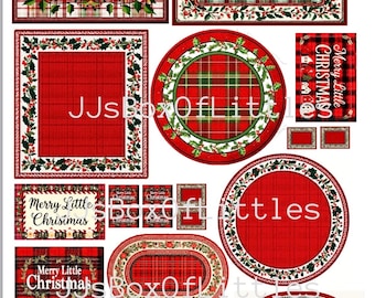 Könnte beinhalten: Eine Sammlung digitaler Designs zum Thema Weihnachten. Die Designs umfassen rechteckige, ovale und kreisförmige Formen mit Karomustern, Stechpalmenrändern und den Texten "Merry Little Christmas" und "Baking Sweet Memories".