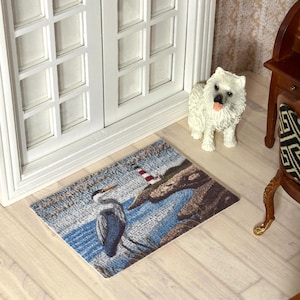 Dollhouse Miniature Blue Heron Beach Lighthouse Doormat Rug Carpet - 1:12 scale