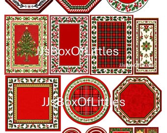 Könnte beinhalten: Eine Sammlung von Miniatur-Weihnachtsteppichen und -matten in verschiedenen Formen, darunter rechteckig, oval und achteckig. Designs zeigen Weihnachtsbäume, Stechpalmen, Zuckerstangen und Karomuster. Der Text "JJsBoxOfLittles" ist auf mehreren Artikeln sichtbar.