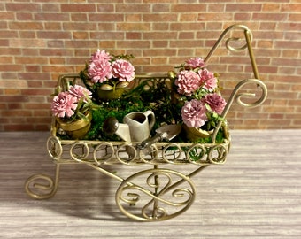 Dollhouse Miniature Flower Cart in Gilded Brass color filled with Flowers and Garden Accessories 1:12 scale