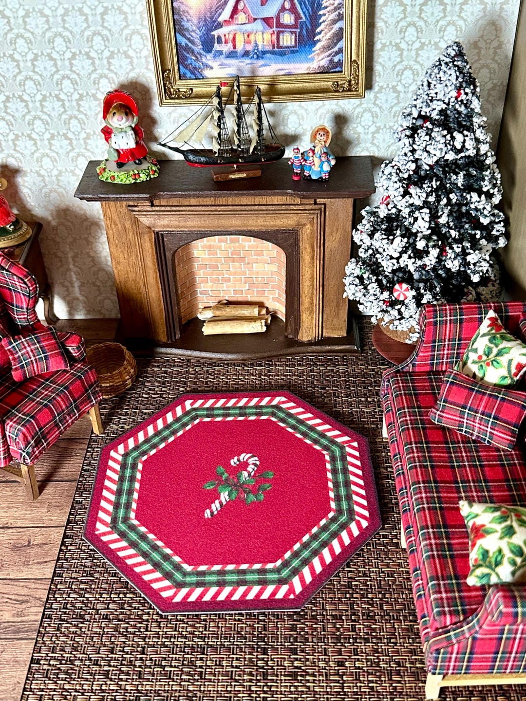 Dollhouse Miniature Rug - Christmas Rug Velvet Octagon Red Candy Cane ...