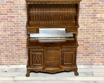 Miniatura para casa de muñecas Bespaq Vintage Buffet Hutch, vitrina de madera con espejo trasero, escala 1:12
