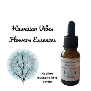 Könnte beinhalten: Eine kleine braune Glasflasche mit einem schwarzen Tropfer. Die Flasche enthält eine klare Flüssigkeit und hat ein weißes Etikett mit dem Text "Flower Essences From Hawaii Jade Vine I am worthy - I am good enough 100% Natural Handcrafted Healing Message in a Bottle".