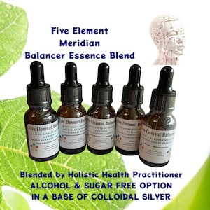 May include: Five small brown glass bottles with droppers, each labeled with "Five Element Balancer" and a different meridian, such as "Liver & Gallbladder Meridian" and "Stomach Spleen Pancreas Meridian". The bottles are arranged in a row on a white background. The text "Blended by Holistic Health Practitioner ALCOHOL & SUGAR FREE OPTION IN A BASE OF COLLOIDAL SILVER" is below the bottles.