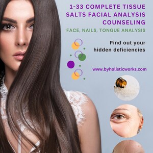 May include: A woman with long brown hair is shown wearing a white lace top. The image includes text that reads "1-33 COMPLETE TISSUE SALTS FACIAL ANALYSIS COUNSELING FACE, NAILS, TONGUE ANALYSIS Find out your hidden deficiencies www.byholisticworks.com". There are also three close-up images of skin, showing wrinkles and lines.