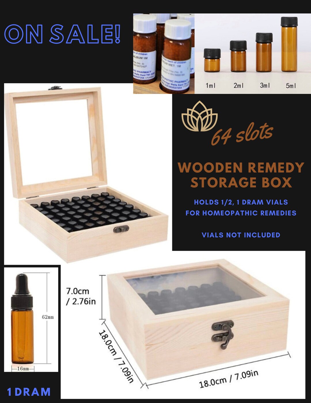 Remedy Storage Wooden Box 64 Slots Vials Organizing Box Homeopathy Storage Box Essential Oils