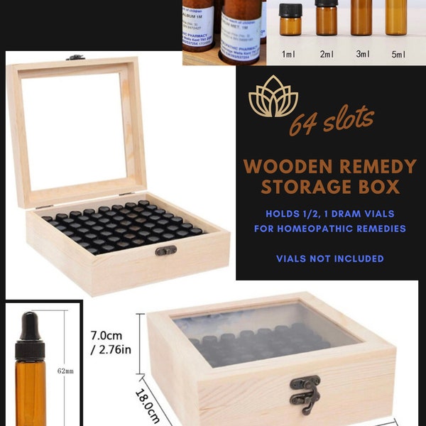 Remedy Storage Wooden Box - 64 slots - Vials Organizing Box - homeopathy storage box - Essential oils - Flower essences storage box