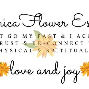 May include: Arnica Flower Essence, a floral remedy with a yellow flower illustration. The text reads: "I let go my past & I accept to trust & re-connect with my physical & spiritual self. Love and joy."