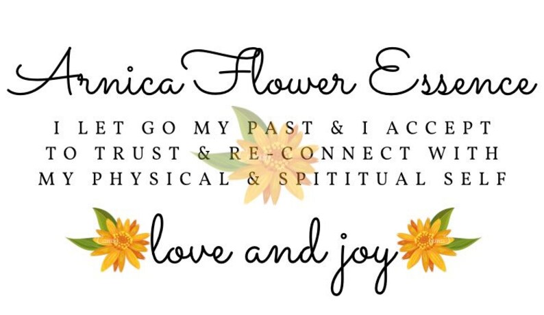 May include: Arnica Flower Essence, a floral remedy with a yellow flower illustration. The text reads: "I let go my past & I accept to trust & re-connect with my physical & spiritual self. Love and joy."