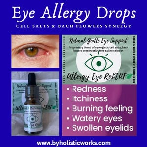 Gotas oftálmicas para la alergia. Sinergia de sales celulares y flores de Bach, solución salina sin conservantes. Enfoque holístico.