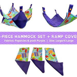 2-Piece Hammock Set + 3-pack Ramp Covers &quot;Popsicles Aqua&quot; (X-Large) small pet cage fleece hammock, rats, chinchilla, ferret, sugar glider