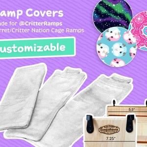 May include: Three white fleece ramp covers for ferret or critter nation cages. The covers are 7.25 inches long and 5.5 inches wide. The covers are customizable and can be made with different fabrics and designs.