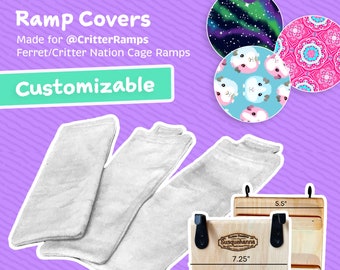 May include: Three white fleece ramp covers for ferret or critter nation cages. The covers are 7.25 inches long and 5.5 inches wide. The covers are customizable and can be made with different fabrics and designs.