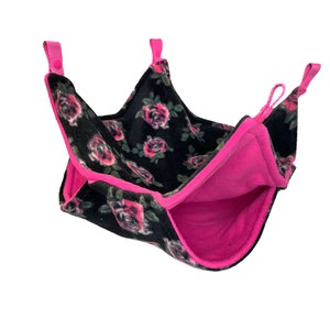 Double Decker Small Animal Hammock, Watercolor Roses Black and Fuchsia, rats, chinchillas, ferrets, sugar glider, squirrel