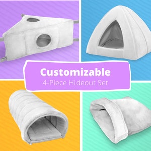 Customizable 4-Piece Hideout Bundle includes Corner Cave, Naptime Tent, Tiny Tunnel, Snuggle Sack, fleece hides for small animals