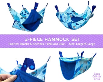 3-Piece Hammock Set: Sharks & Anchors (Large/X-Large) small pet cage fleece hammock, rats, chinchilla, ferret, sugar glider