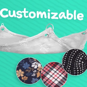 May include: A light gray pet hammock with metal rings and the text "Customizable". Three fabric swatches show floral, plaid, and geometric patterns. The hammock is designed for small pets.