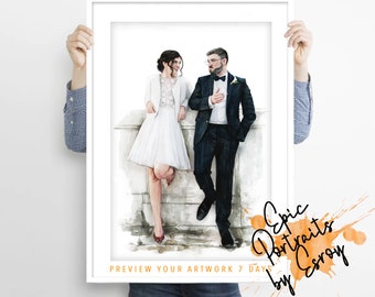Wedding Anniversary Gift Custom Watercolor Portrait Hand Painted Canvas