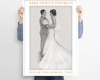 May include: A framed black and white hand-painted portrait of a wedding couple. The frame has the text "HAND PAINTED PORTRAITS" and "PREVIEW YOUR ARTWORK 7 DAYS" in orange. The artwork depicts a bride and groom.