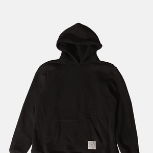 May include: A black hooded sweatshirt with a small white label on the front pocket.