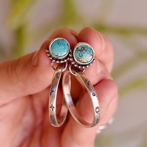 Turquoise Silver Hoop Earrings Stamped