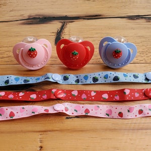 Set of Strawberry Adult Pacifier Chain and Strawberry Pacifier - Choose from Red, Pink and Blue!