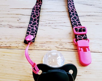 Long Pink and Black Leopard Adult Adjustable Cloth Pacifier Chain