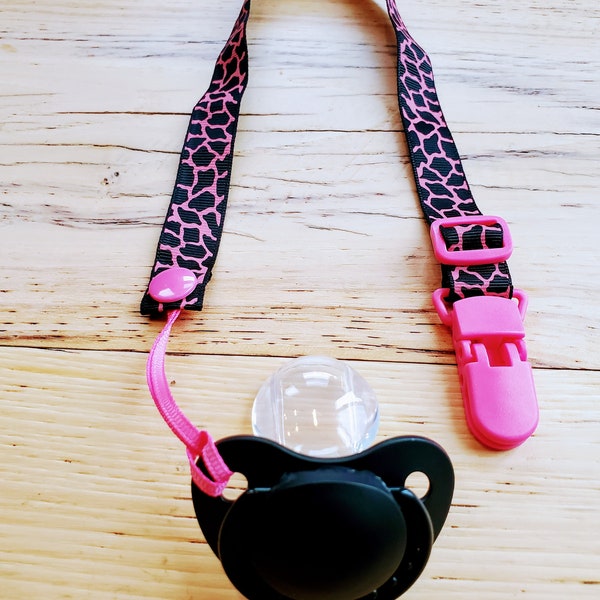 Long Pink and Black Leopard Adult Adjustable Cloth Pacifier Chain