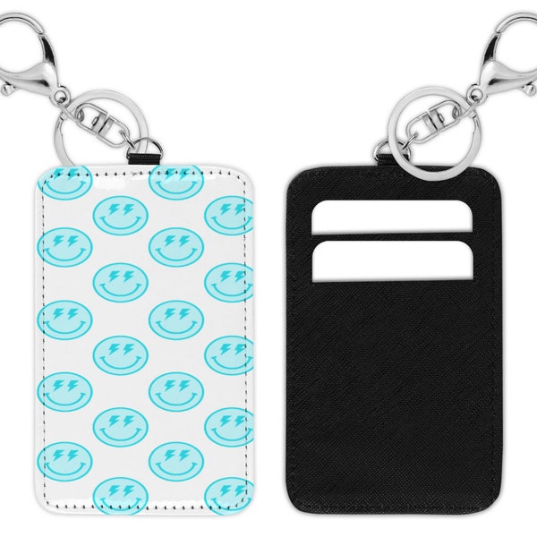 Blue Happy Face Cardholder Keychain | Keychain Cardholder | Keychain Wallet | ID Holder | Credit Card Holder Keychain | Retro Cardholder